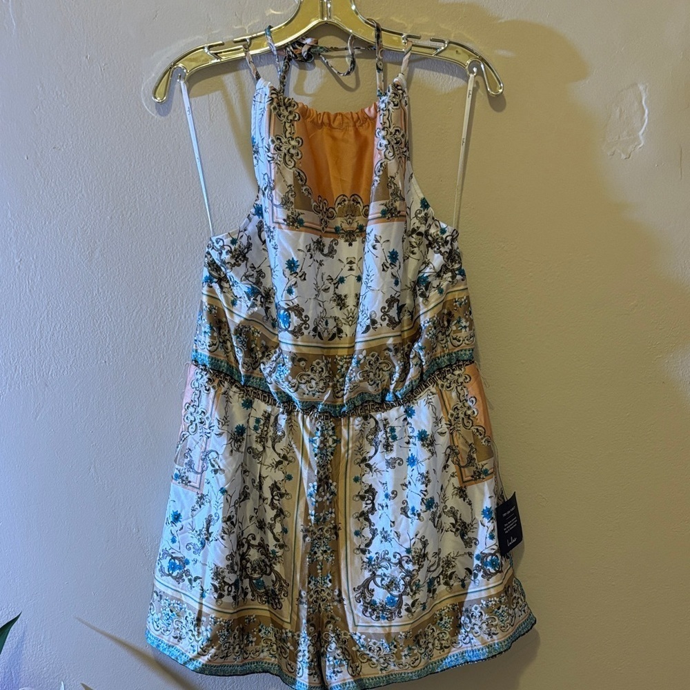 Lulu's Elegant Blue and Gold Patterned Jumpsuit